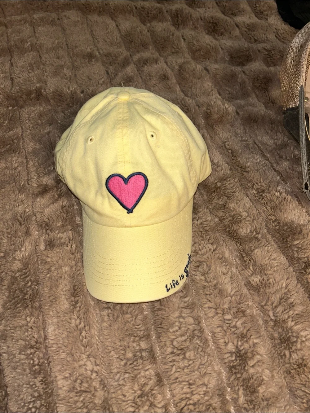 Life Is Good Yellow Cap with Pink Heart